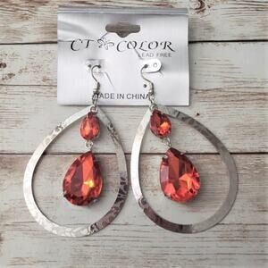 CT Color Earrings Silver Tone & Red Gem Statement Dangle Extra Large - New